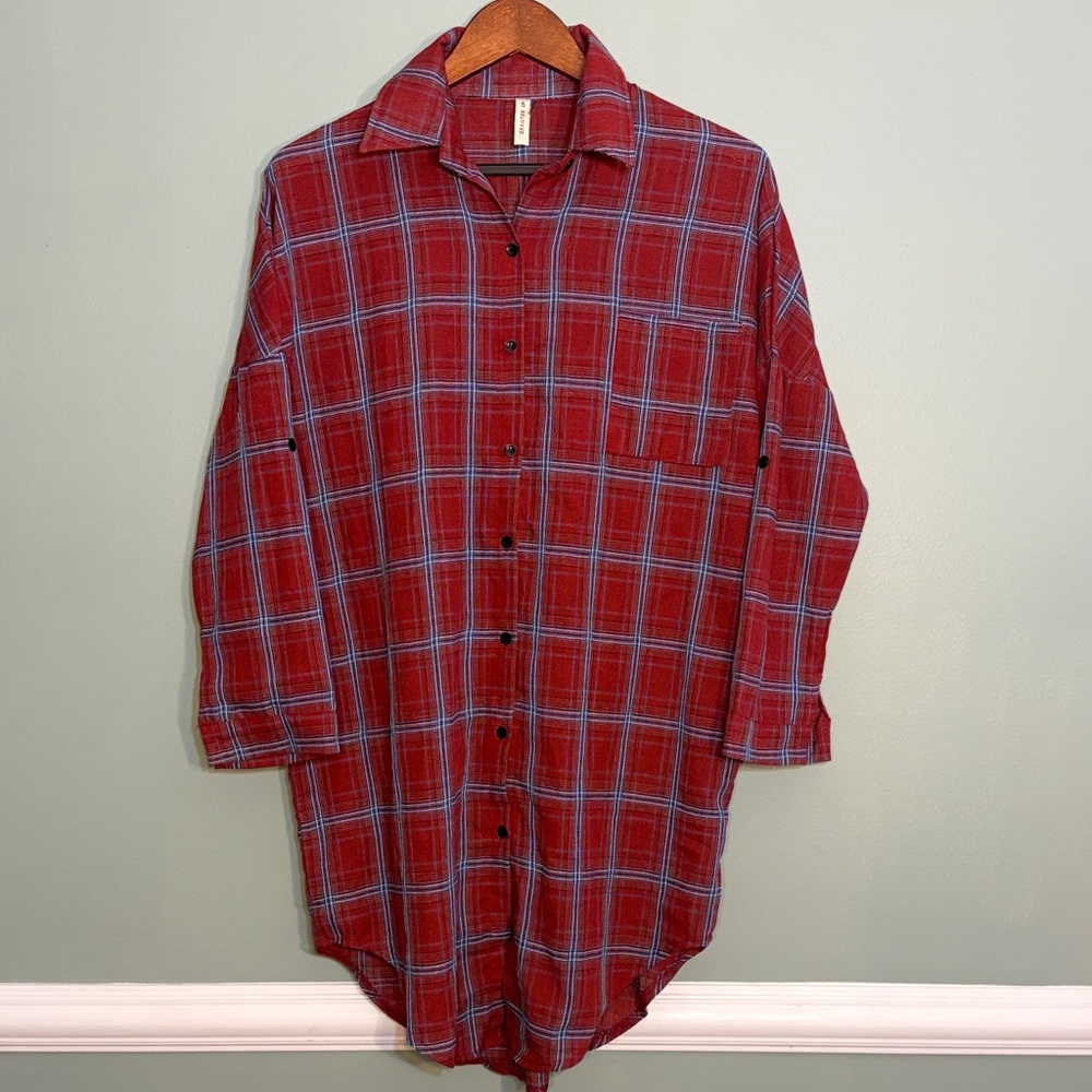 My Beloved Size Small Oversized Red & Blue Plaid Shirt Dress